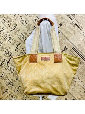 Gucci GG Canvas Tote Bag Webbing Line Nylon Beige GH 98